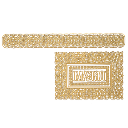 The Dream 3D Frame and Border Dies feature two ornate gold rectangular frames—one long and narrow, the other larger with "DREAM" in reverse—ideal for paper crafts or border die inspiration, set on a crisp white background.