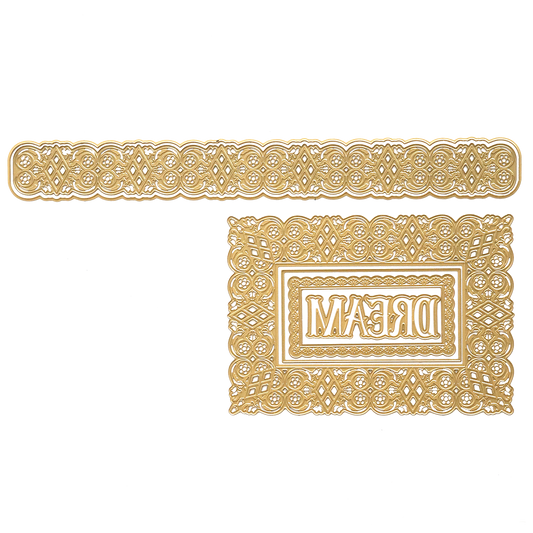 The Dream 3D Frame and Border Dies feature two ornate gold rectangular frames—one long and narrow, the other larger with "DREAM" in reverse—ideal for paper crafts or border die inspiration, set on a crisp white background.