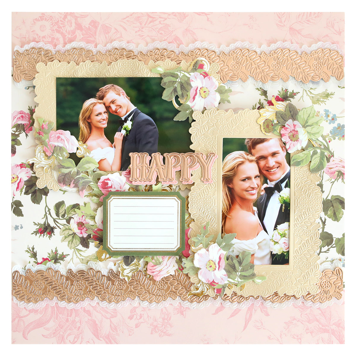 A decorated scrapbook page using the Happy 3D Frame and Border Dies showcases two photos of a smiling bride and groom, floral embellishments, die-cut borders, and raised "HAPPY" letters.