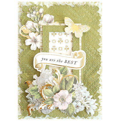 A decorative card made with Happy 3D Frame and Border Dies, featuring embossed green patterns, white and yellow flowers, a yellow butterfly, and a “you are the BEST” banner.