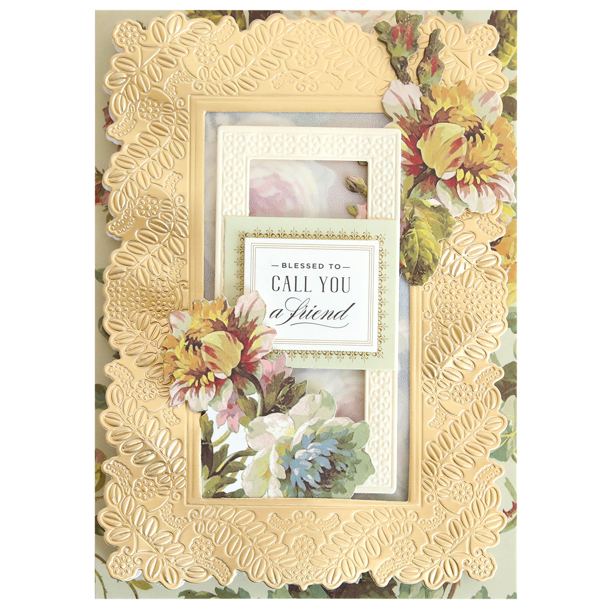 Greeting card featuring an embossed gold floral frame created with Happy 3D Frame and Border Dies, pastel flowers, and the sentiment "Blessed to call you friend" in the center.