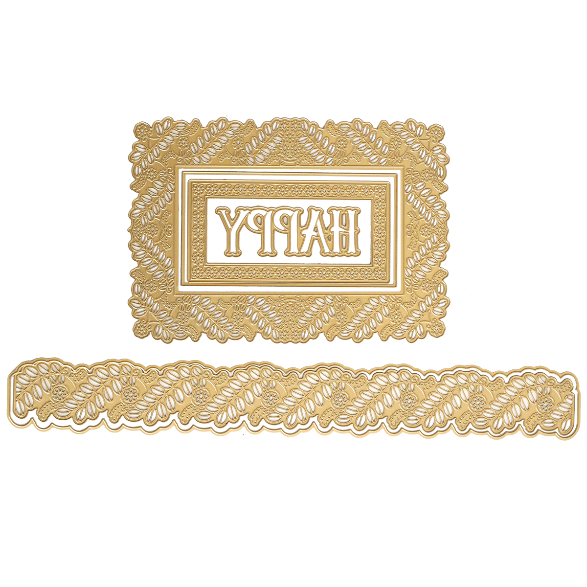 The Happy 3D Frame and Border Dies create a gold lace-patterned nameplate with matching ornate border and Cyrillic text at the center, all set on a white background.