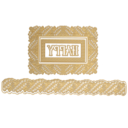 The Happy 3D Frame and Border Dies create a gold lace-patterned nameplate with matching ornate border and Cyrillic text at the center, all set on a white background.