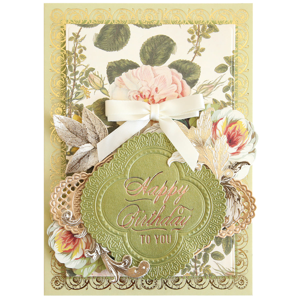 Handcrafted birthday card featuring elegant floral designs and gold accents created with the Gilded Small Birthday Sentiment Foil Plates, finished with a white ribbon. The card displays the message “Happy Birthday to you.”.