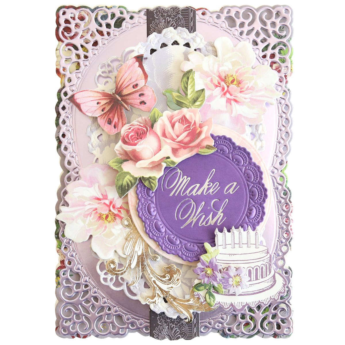 Send heartfelt birthday wishes with a beautifully ornate card created using the Gilded Small Birthday Sentiment Foil Plates — featuring delicate lace edges, charming pink flowers, a butterfly, a festive cake, and a purple label that reads “Make a Wish.”.