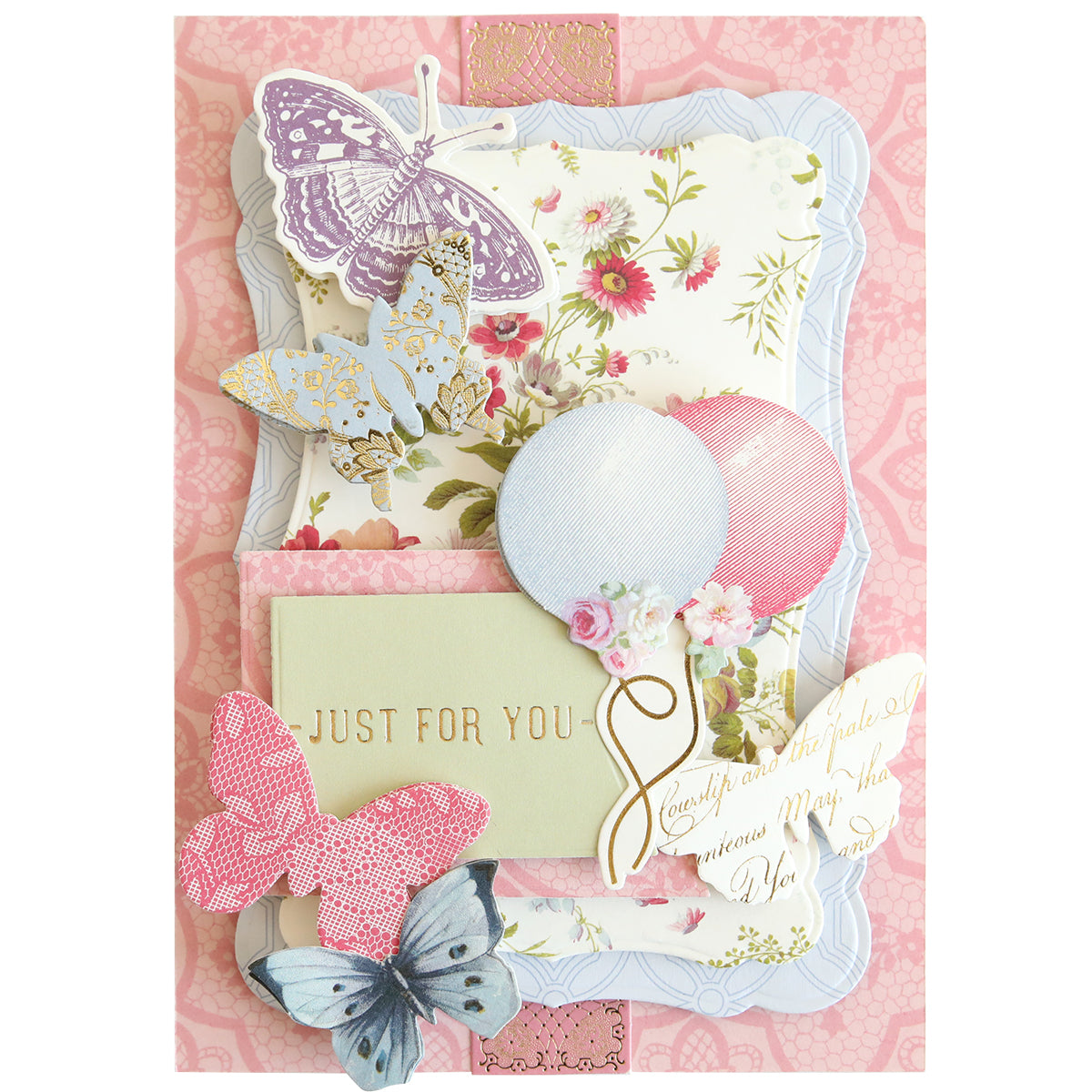 Gilded Small Birthday Sentiment Foil Plates feature an ornate pastel floral background adorned with colorful butterflies, balloons, flowers, and the heartfelt message “Just for you”—perfect for sending elegant birthday greetings or enhancing your handmade card collection.