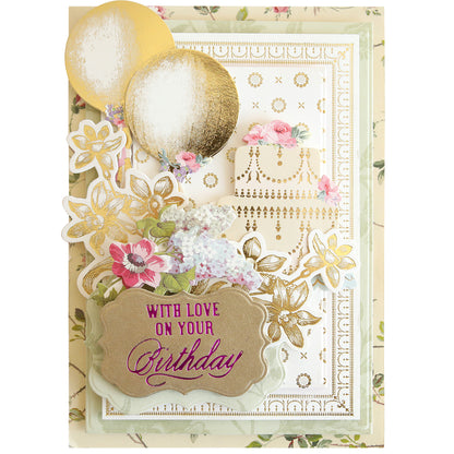 Greeting card featuring gold balloons, pink and white flowers, a tiered cake, and the message “With love on your Birthday” in elegant purple and gold lettering—perfect for heartfelt birthday wishes—set against a patterned floral background. Showcases sophisticated accents inspired by the Gilded Small Birthday Sentiment Foil Plates.