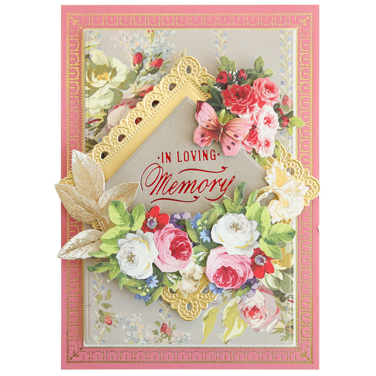 Set of 30 Gilded Small Sentiment Plates featuring ornate gold borders, floral designs, and butterfly accents, each with “In Loving Memory” in red script at the center—perfect for expressing heartfelt sympathy sentiments.