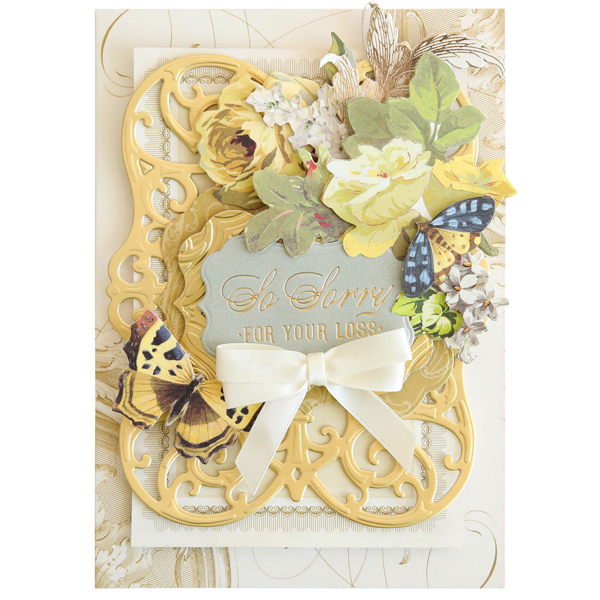 Set of 30 Gilded Small Sentiment Plates, each beautifully designed with ornate cream and yellow floral accents, delicate butterflies, and a touch of white ribbon. Featuring embossed gold text that reads “So Sorry For Your Loss,” these plates are perfect for expressing heartfelt sympathy and offering support during challenging times.