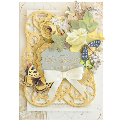 Set of 30 Gilded Small Sentiment Plates, each beautifully designed with ornate cream and yellow floral accents, delicate butterflies, and a touch of white ribbon. Featuring embossed gold text that reads “So Sorry For Your Loss,” these plates are perfect for expressing heartfelt sympathy and offering support during challenging times.