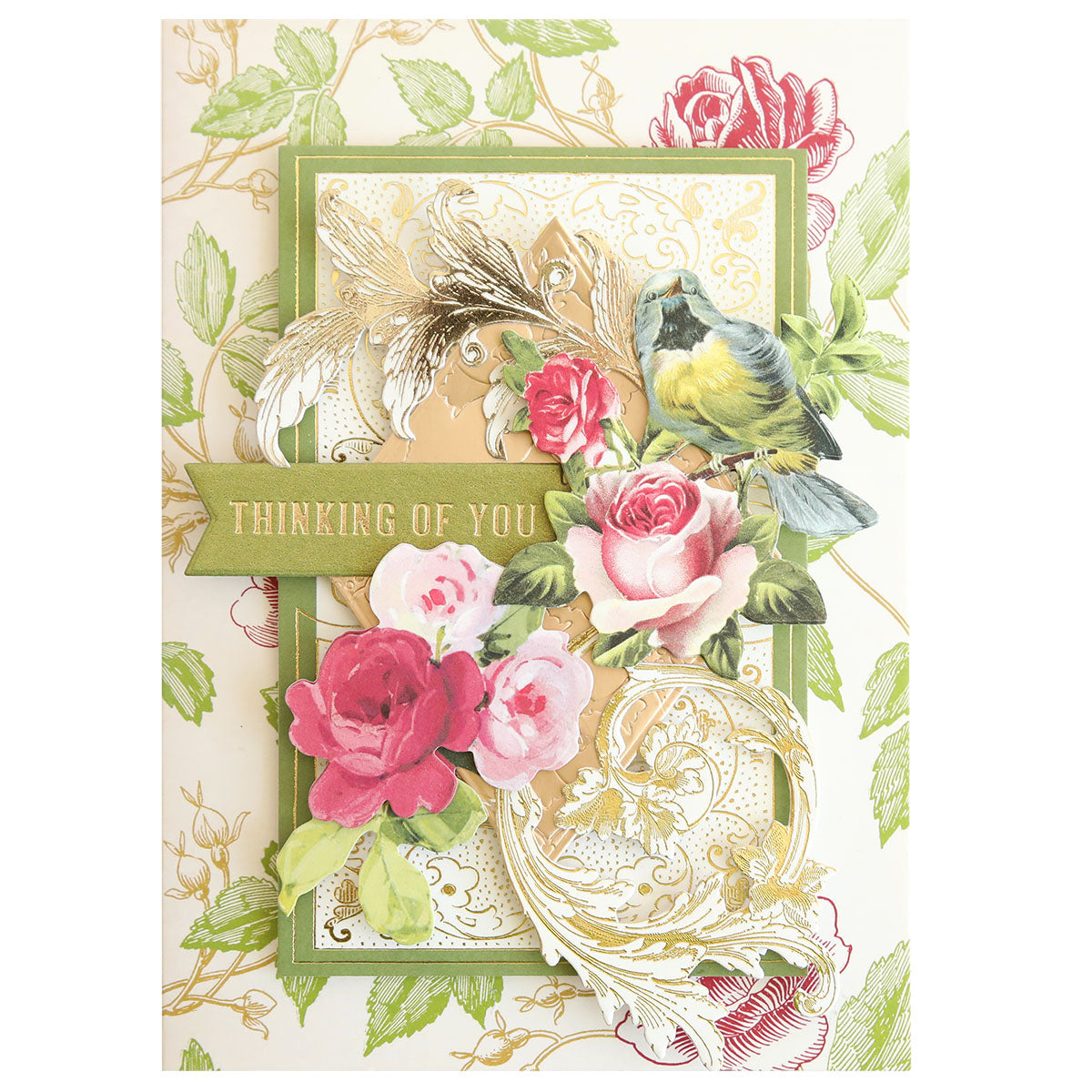 Gilded Small Sympathy Sentiment Foil Plates featuring a “Thinking of You” design, adorned with pink roses, green leaves, gold accents, and a charming blue and yellow bird—perfect for remembrance projects or sending heartfelt condolence messages.