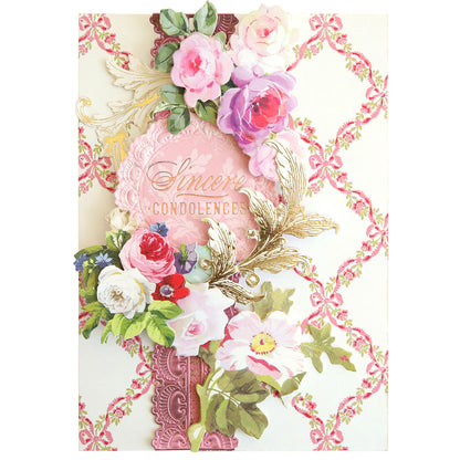 Send your heartfelt condolences with the Gilded Small Sympathy Sentiment Foil Plates, featuring “Sincere Condolences” in elegant gold text, encircled by vibrant, detailed flowers and gold-embossed leaves on a pink and white patterned background—perfect for remembrance projects or expressing sympathy.