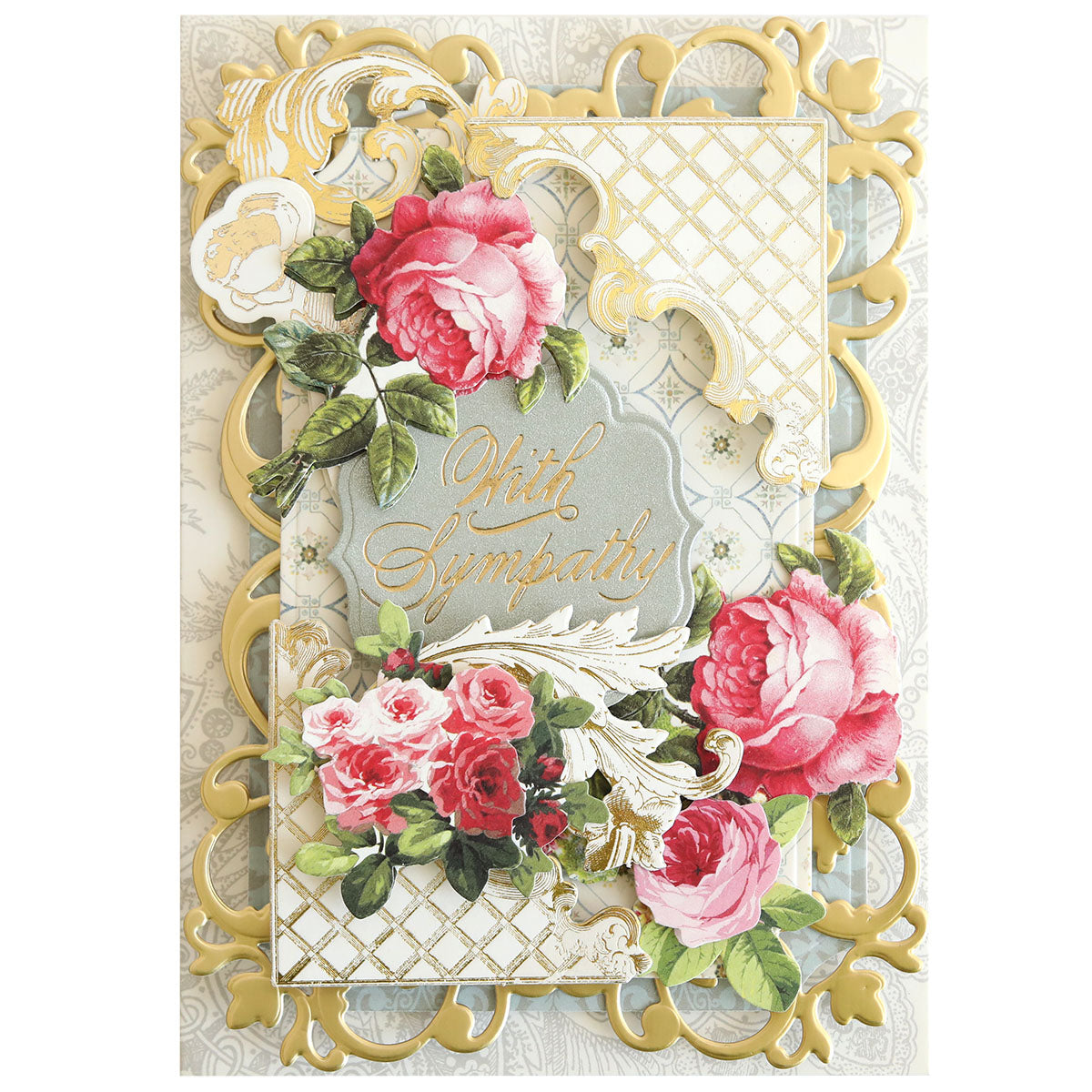 Crafted with the Gilded Small Sympathy Sentiment Foil Plates, this ornate sympathy card features graceful gold script reading “With Sympathy” at its center, surrounded by elegant gold trim, lattice detailing, and delicate pink roses—an exquisite way to convey heartfelt condolences.