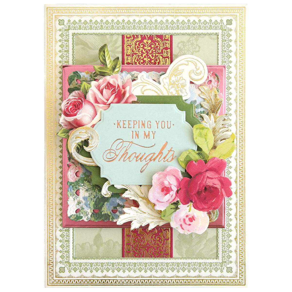 Gilded Small Sympathy Sentiment Foil Plates featuring pink and red roses with gold accents and a cursive “Keeping You In My Thoughts” message on a green label—perfect for heartfelt condolence cards or remembrance projects.