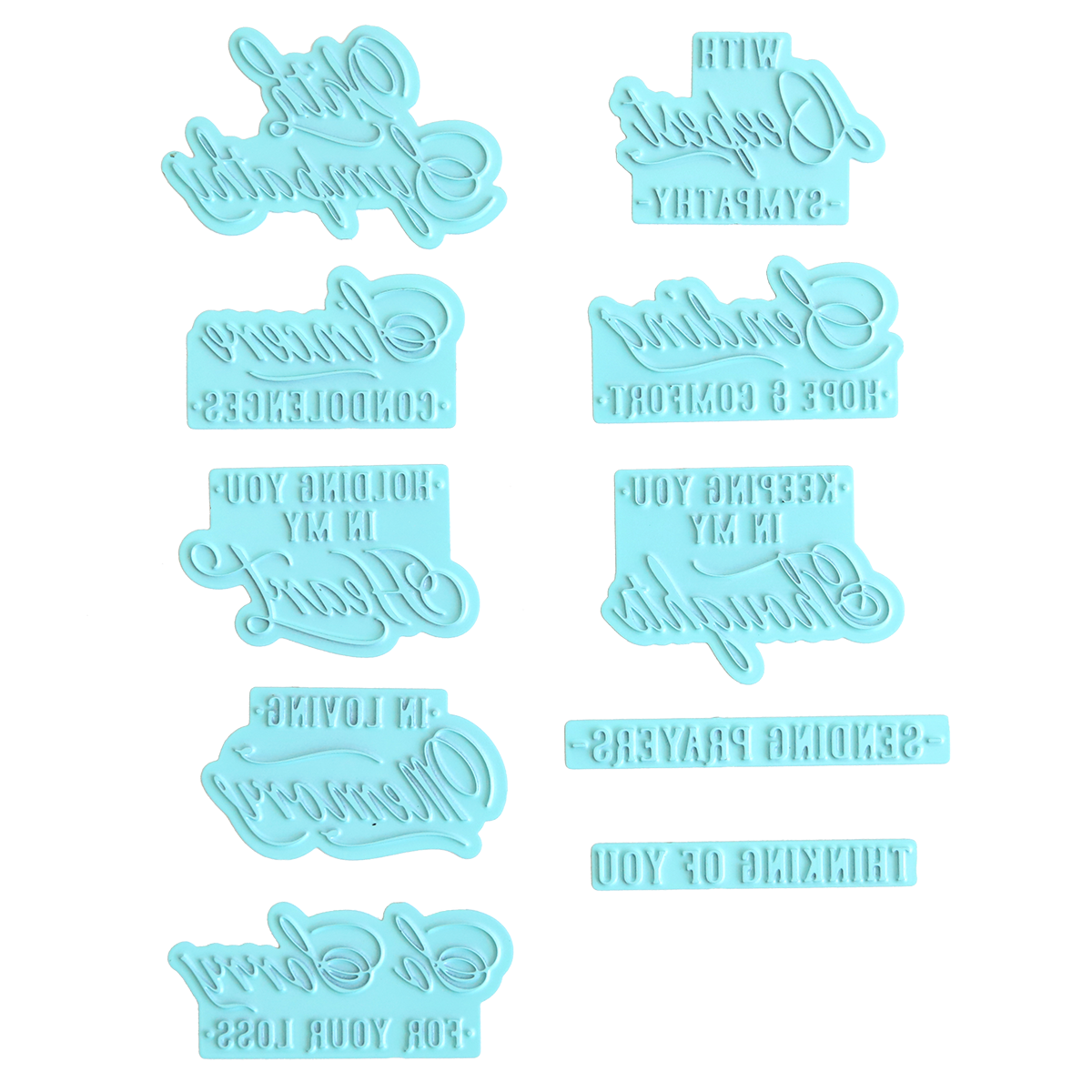 Set of 30 gilded Small Sentiment Plates in mirrored plastic, featuring assorted sympathy sentiments in both cursive and print, arranged in two vertical columns on a white background.