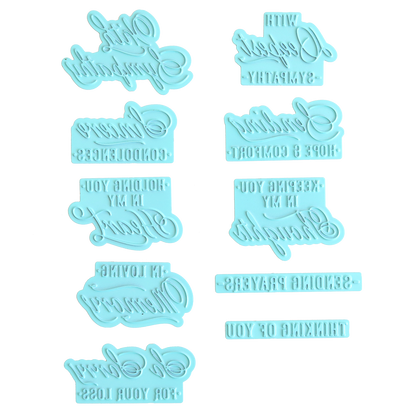Set of 30 gilded Small Sentiment Plates in mirrored plastic, featuring assorted sympathy sentiments in both cursive and print, arranged in two vertical columns on a white background.