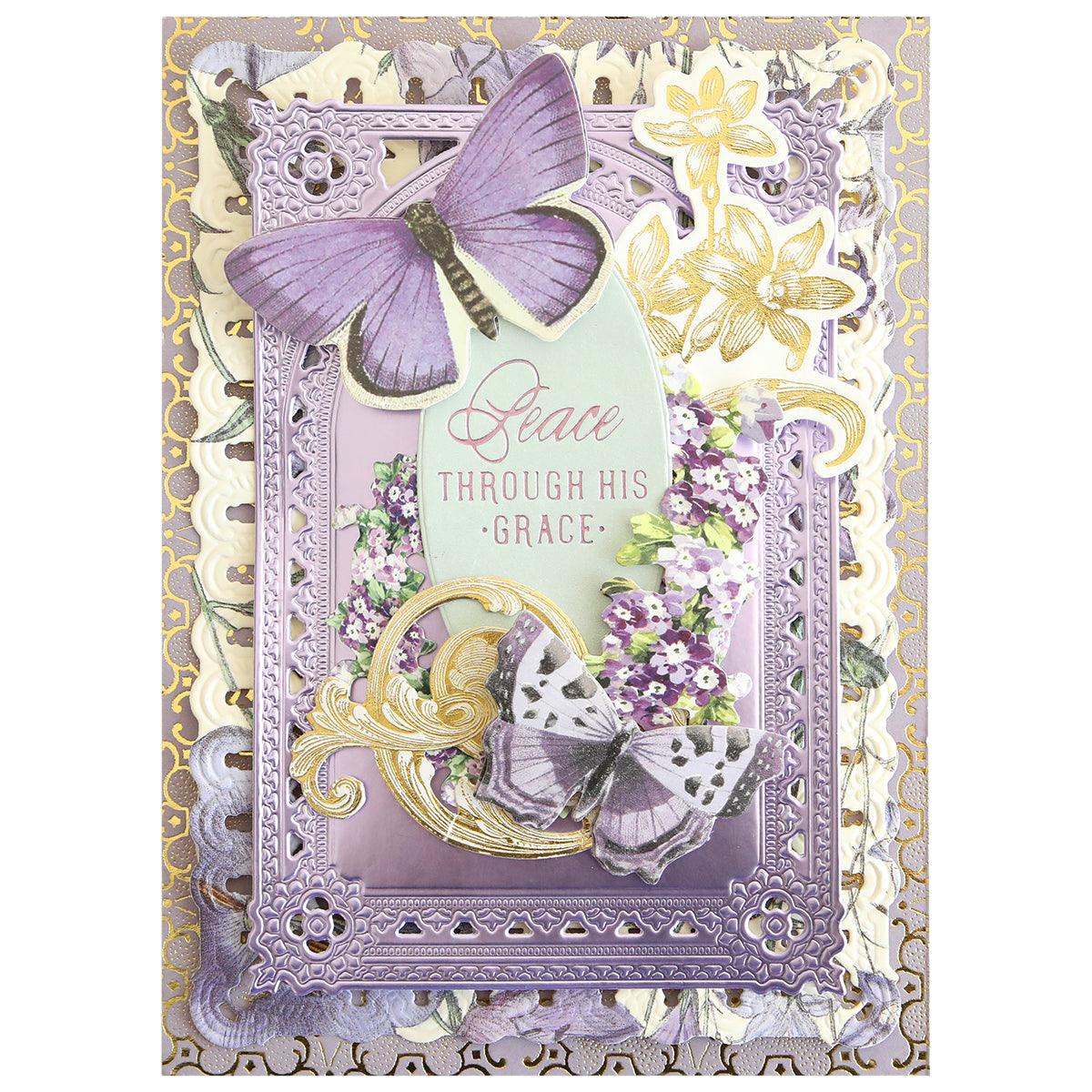 Handcrafted decorative card featuring purple butterflies and elegant gold floral accents created with the Gilded Small Sentiments Foil Plates Bundle, showcasing the message "Peace through His grace" on a pastel lavender and green background—a lovely option for handmade crafting.