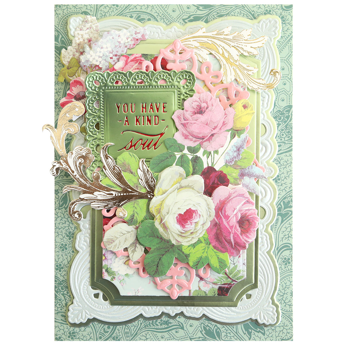 Greeting card adorned with embossed floral designs and gold accents, showcasing pink and white roses alongside the message "You have a kind soul" in metallic letters on an ornate green background. Inspired by the Gilded Small Blessings Sentiment Foil Plates collection, this design is perfect for handmade cards and pairs beautifully with Hot Foil Plates to add an extra touch of elegance.