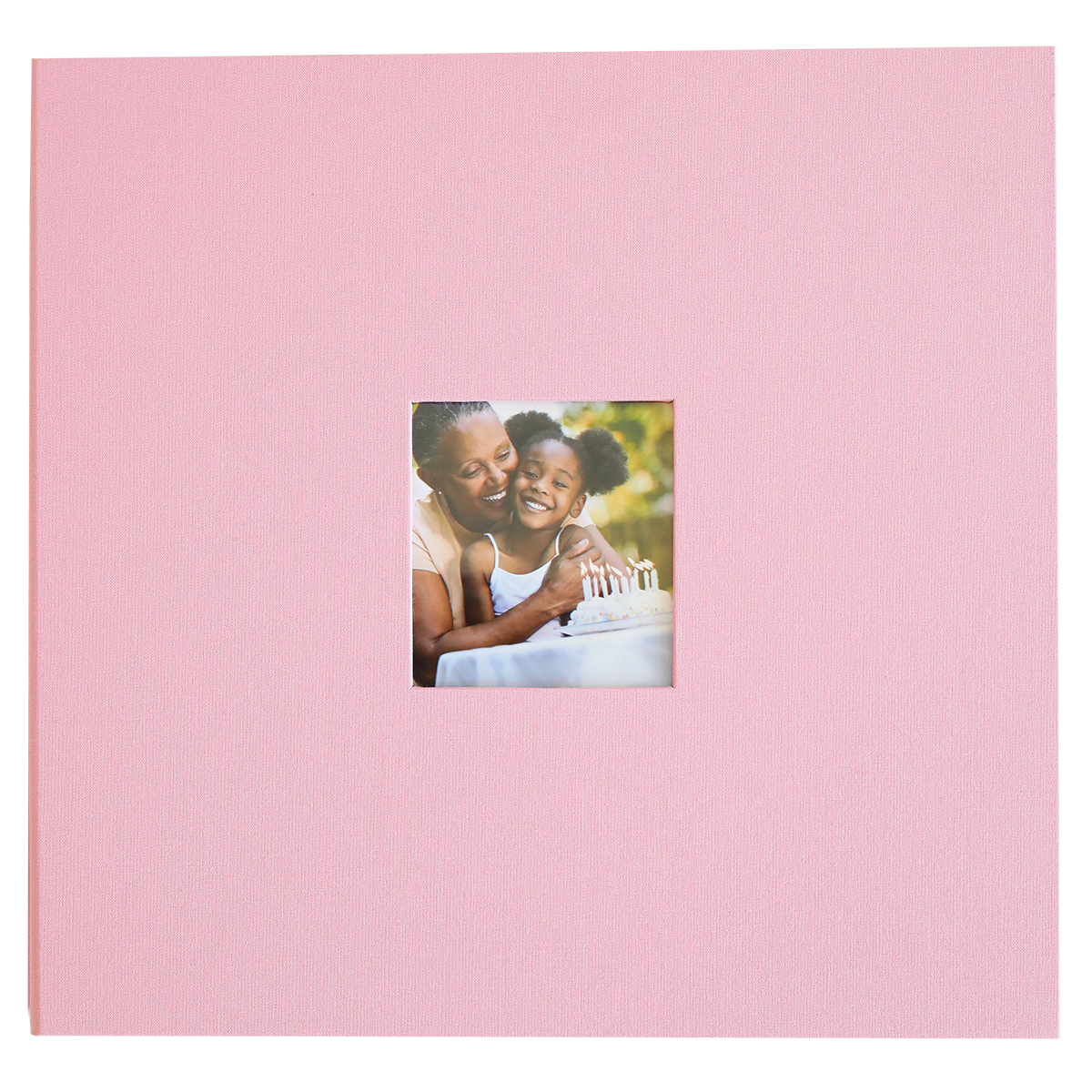 The Rose Pink Post Bound Scrapbook Album features a charming cover with a small square photo of a smiling woman and child—ideal for memory keeping.