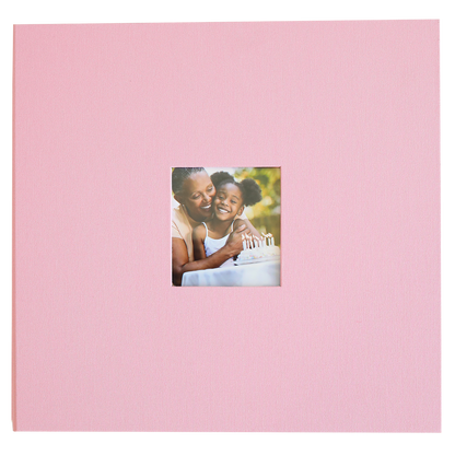 The Rose Pink Post Bound Scrapbook Album features a charming cover with a small square photo of a smiling woman and child—ideal for memory keeping.