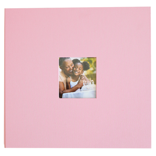 The Rose Pink Post Bound Scrapbook Album features a charming cover with a small square photo of a smiling woman and child—ideal for memory keeping.