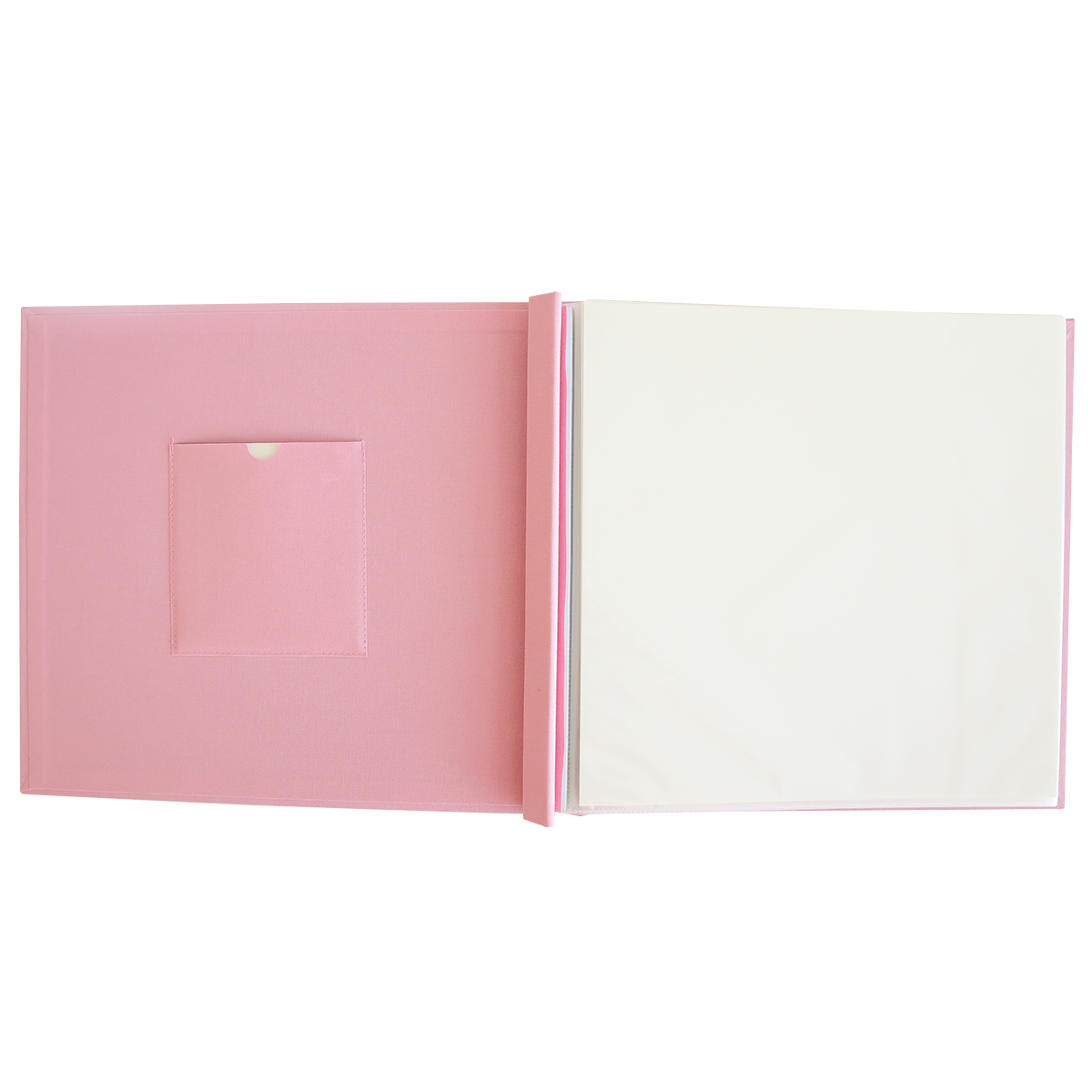 The Rose Pink Post Bound Scrapbook Album features a left pocket and blank right pages, ideal for memory keeping, shown against a white background.