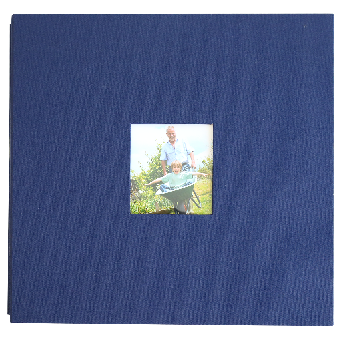 The Jack Navy Post Bound Scrapbook Album features a small square window with an image of an adult pushing a child in a wheelbarrow—perfect for displaying your favorite photos or creative scrapbook layouts.