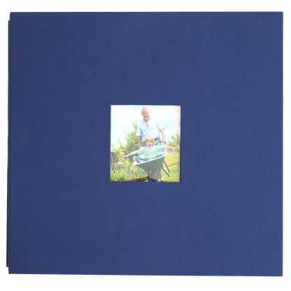 The Jack Navy Post Bound Scrapbook Album features a small square window with an image of an adult pushing a child in a wheelbarrow—perfect for displaying your favorite photos or creative scrapbook layouts.