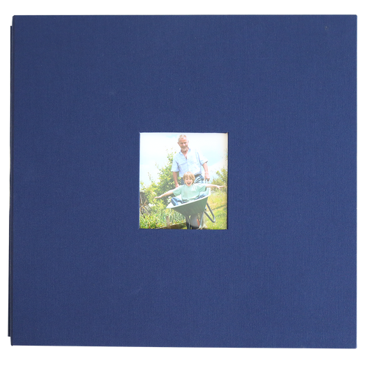 The Jack Navy Post Bound Scrapbook Album features a small square window with an image of an adult pushing a child in a wheelbarrow—perfect for displaying your favorite photos or creative scrapbook layouts.