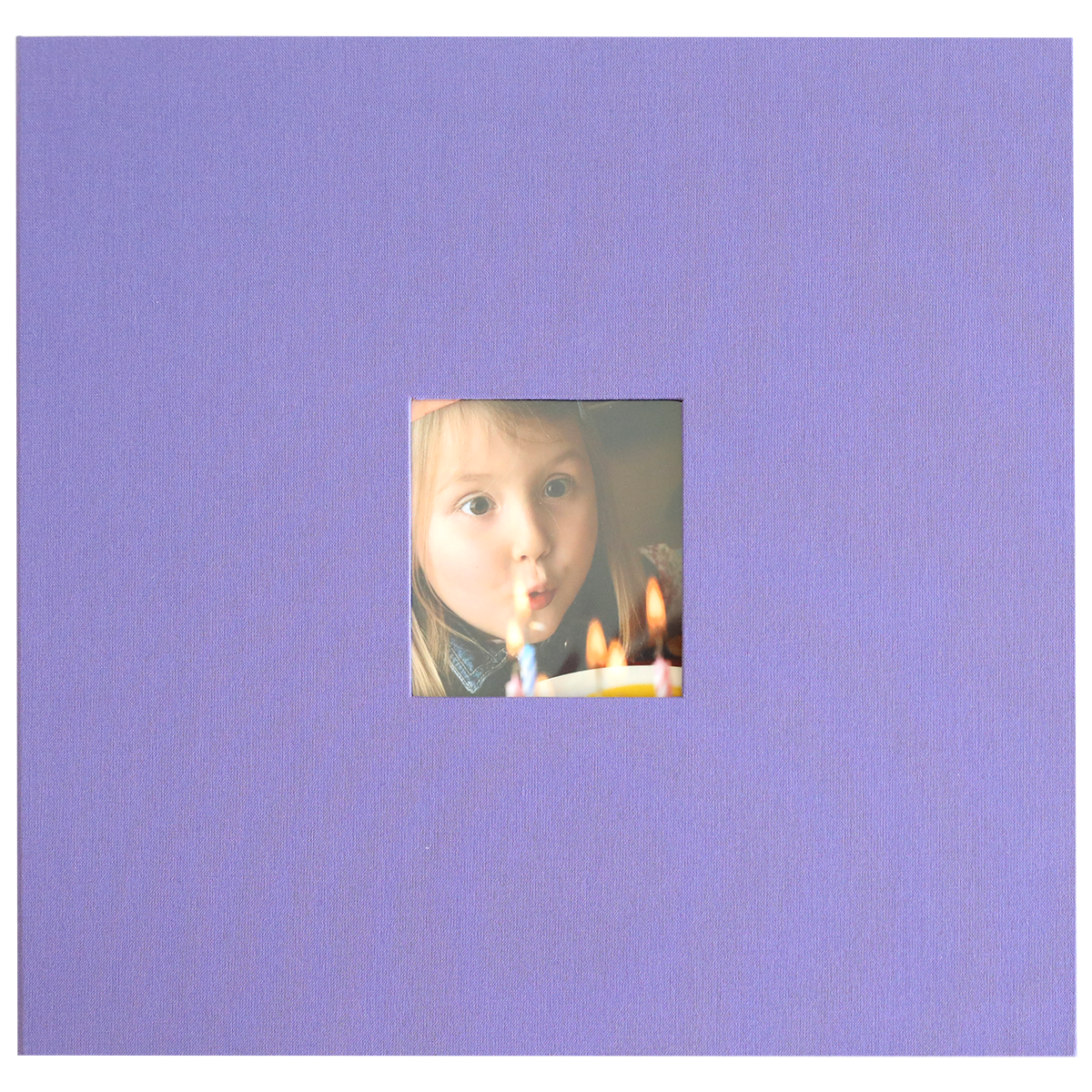 A young child blows out candles on a birthday cake in a small square photo, centered on a plain lavender background—ideal for displaying in your Charlie Purple Post Bound Scrapbook Album.