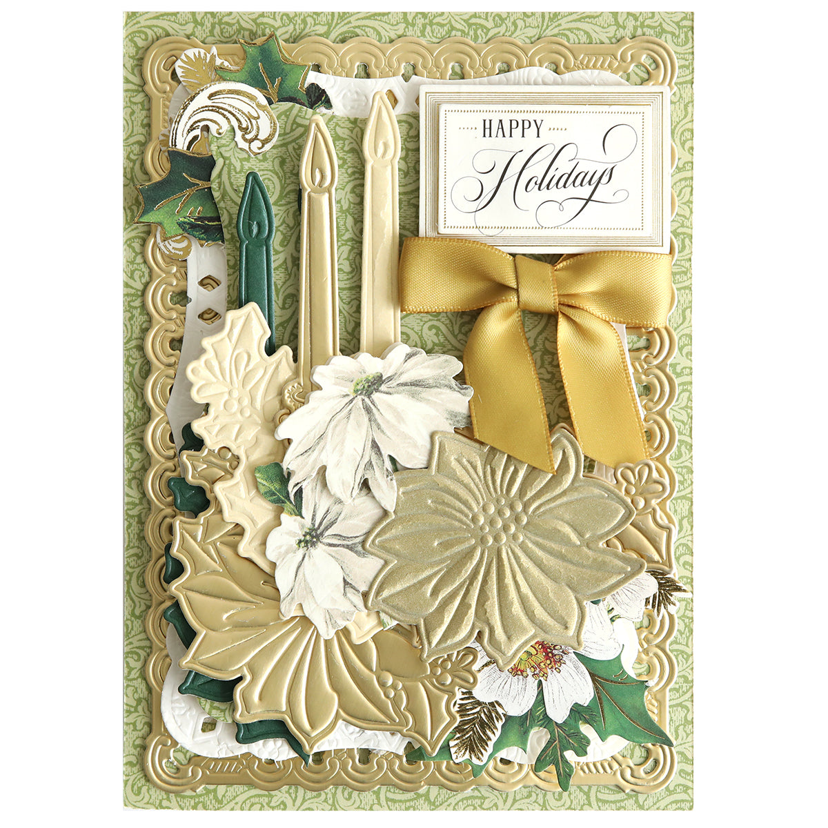 Greeting card created with the 3D Holiday Candlelight Scene Dies, featuring three decorative candles, white poinsettias, gold leaves, and a gold bow on a patterned green and gold background, with "Happy Holidays" printed at the top right—a beautiful example of layered Christmas cards crafted using paper crafting techniques.