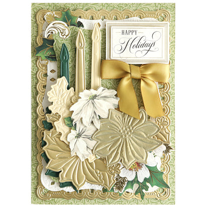 Greeting card created with the 3D Holiday Candlelight Scene Dies, featuring three decorative candles, white poinsettias, gold leaves, and a gold bow on a patterned green and gold background, with "Happy Holidays" printed at the top right—a beautiful example of layered Christmas cards crafted using paper crafting techniques.