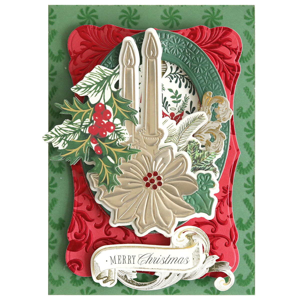 A Christmas card made with the 3D Holiday Candlelight Scene Dies, featuring two gold candles, holly, a large flower, and red and green ornate layers reminiscent of layered Christmas cards, finished with a “Merry Christmas” greeting at the bottom—perfect for paper crafting enthusiasts.
