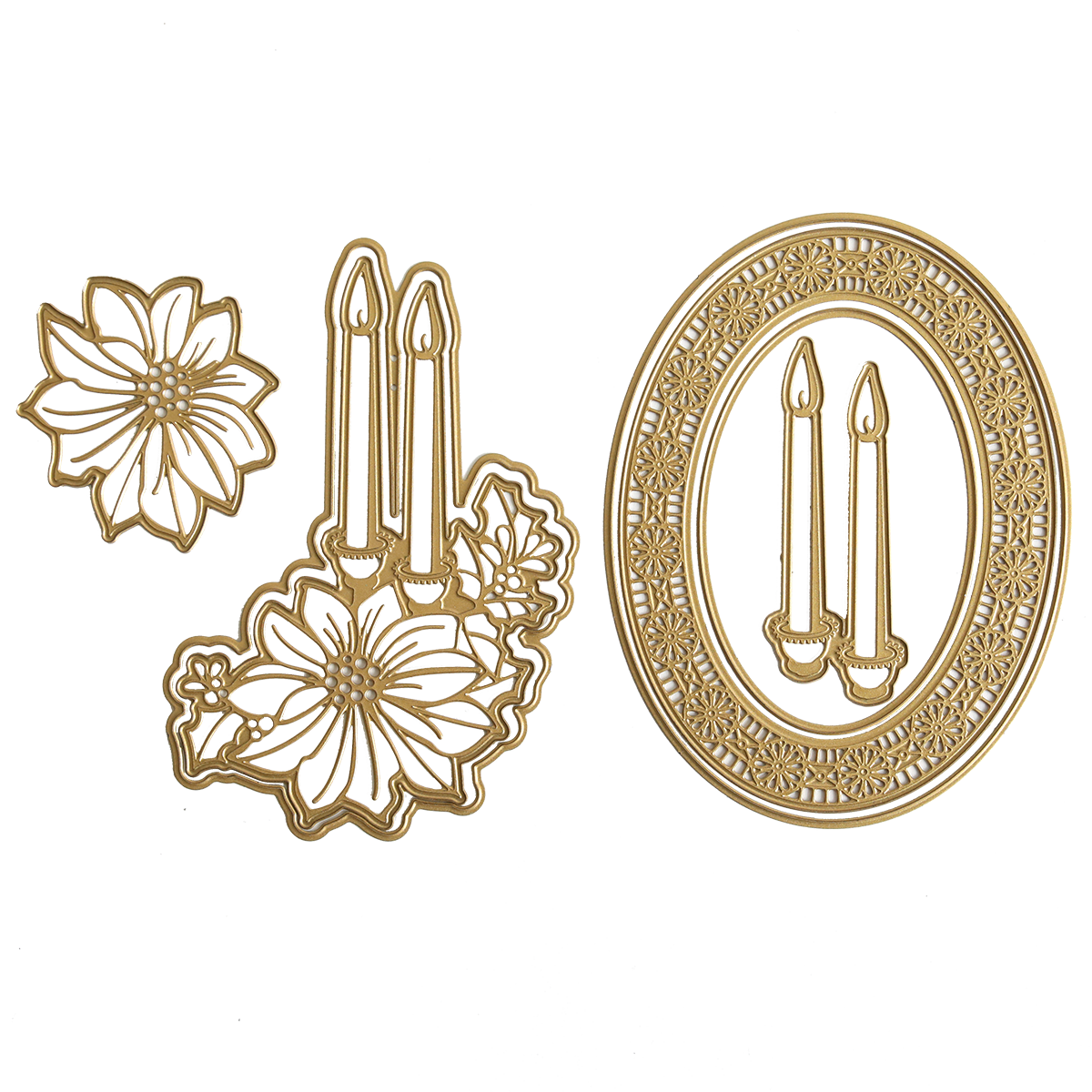 Elegant gold-outlined illustrations featuring two flowers, two candles adorned with blooms, and two candles nestled inside an ornate oval frame make up the 3D Holiday Candlelight Scene Dies. Perfect for paper crafting projects like layered Christmas cards, all elements are presented on a crisp white background to inspire your next intricate candlelight scene creation.