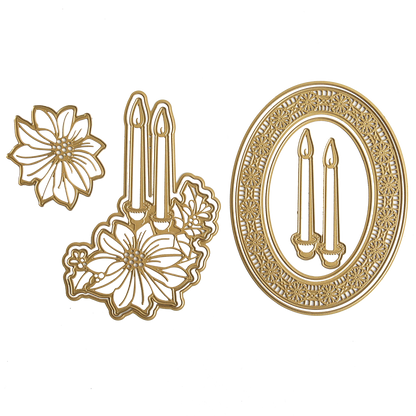 Elegant gold-outlined illustrations featuring two flowers, two candles adorned with blooms, and two candles nestled inside an ornate oval frame make up the 3D Holiday Candlelight Scene Dies. Perfect for paper crafting projects like layered Christmas cards, all elements are presented on a crisp white background to inspire your next intricate candlelight scene creation.
