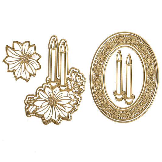 Elegant gold-outlined illustrations featuring two flowers, two candles adorned with blooms, and two candles nestled inside an ornate oval frame make up the 3D Holiday Candlelight Scene Dies. Perfect for paper crafting projects like layered Christmas cards, all elements are presented on a crisp white background to inspire your next intricate candlelight scene creation.