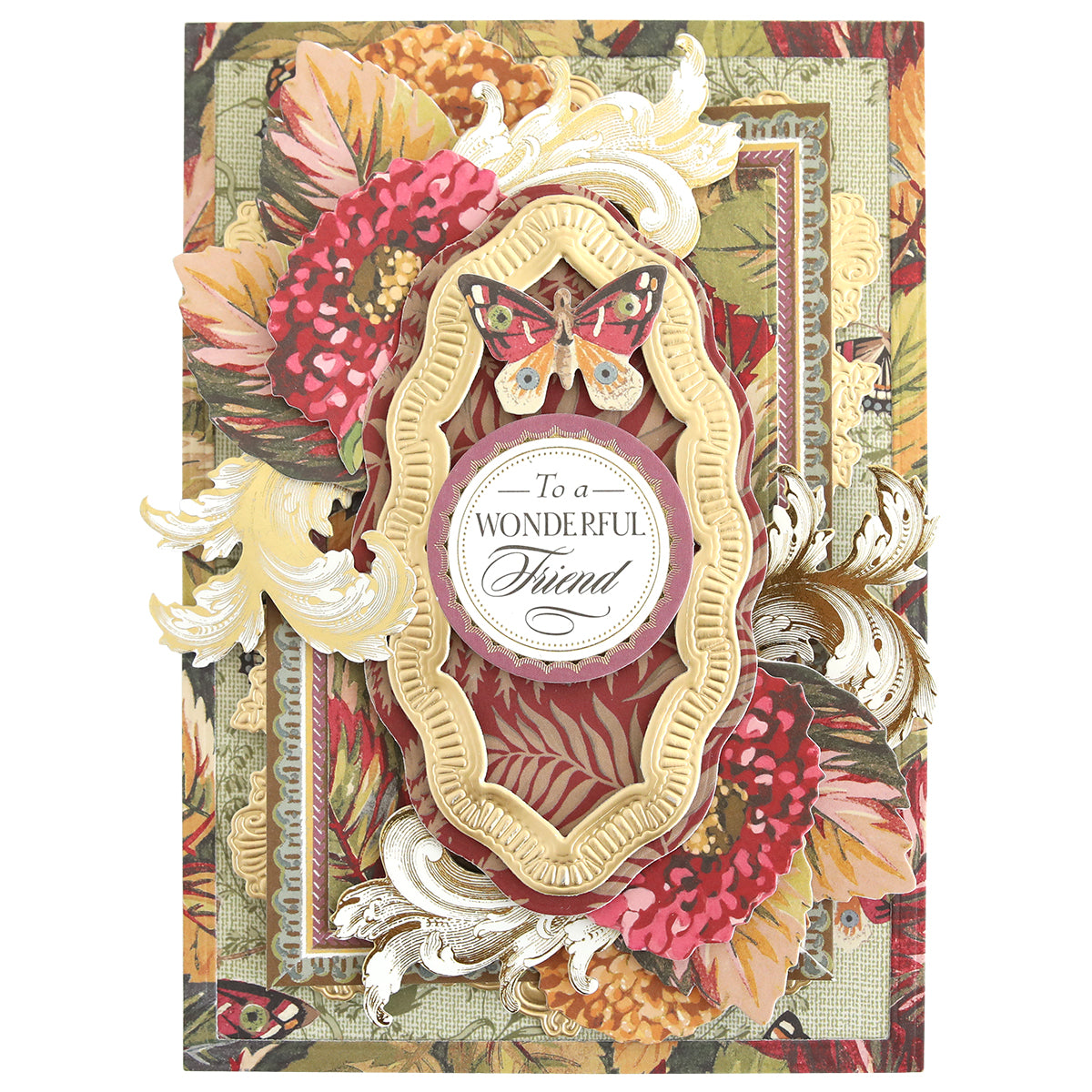 Create inspiring autumn paper crafts and fall cards with Sienna Cardstock and Embellishments, featuring decorative floral patterns, an ornate gold frame, a butterfly illustration, and the sentiment “To a Wonderful Friend” in the center—perfect for Thanksgiving scrapbook projects or seasonal card making.