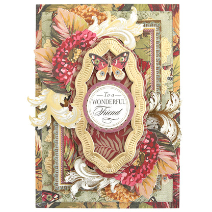 Create inspiring autumn paper crafts and fall cards with Sienna Cardstock and Embellishments, featuring decorative floral patterns, an ornate gold frame, a butterfly illustration, and the sentiment “To a Wonderful Friend” in the center—perfect for Thanksgiving scrapbook projects or seasonal card making.