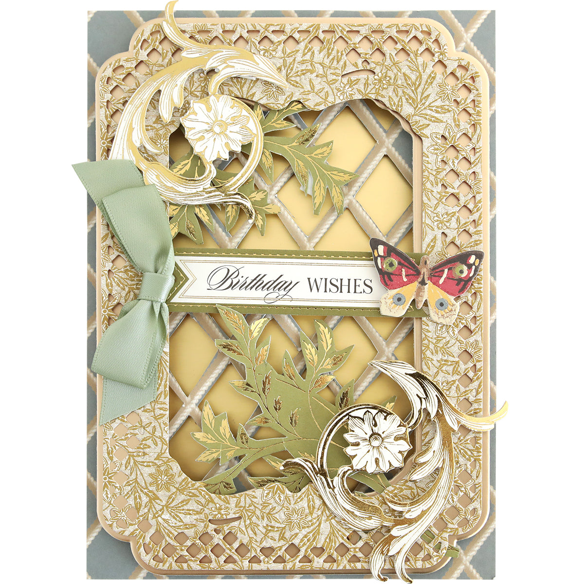Craft a beautiful birthday card using Sienna Cardstock and Embellishments, featuring gold floral accents, a green bow, leafy details, a butterfly, and a “Birthday Wishes” message on a latticed background—an ideal source of inspiration for autumn paper crafting or fall-themed card making projects.