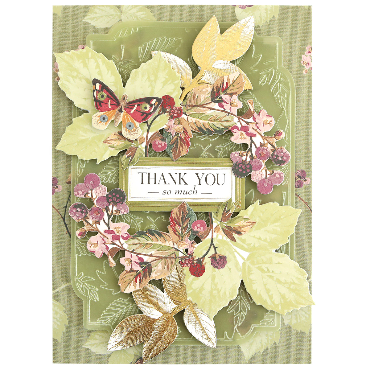 The Sienna Cardstock and Embellishments set features a decorative card adorned with illustrated leaves, berries, and a butterfly, plus the message “Thank You so much” in the center—ideal for autumn scrapbook projects or fall card making, all crafted from quality cardstock.