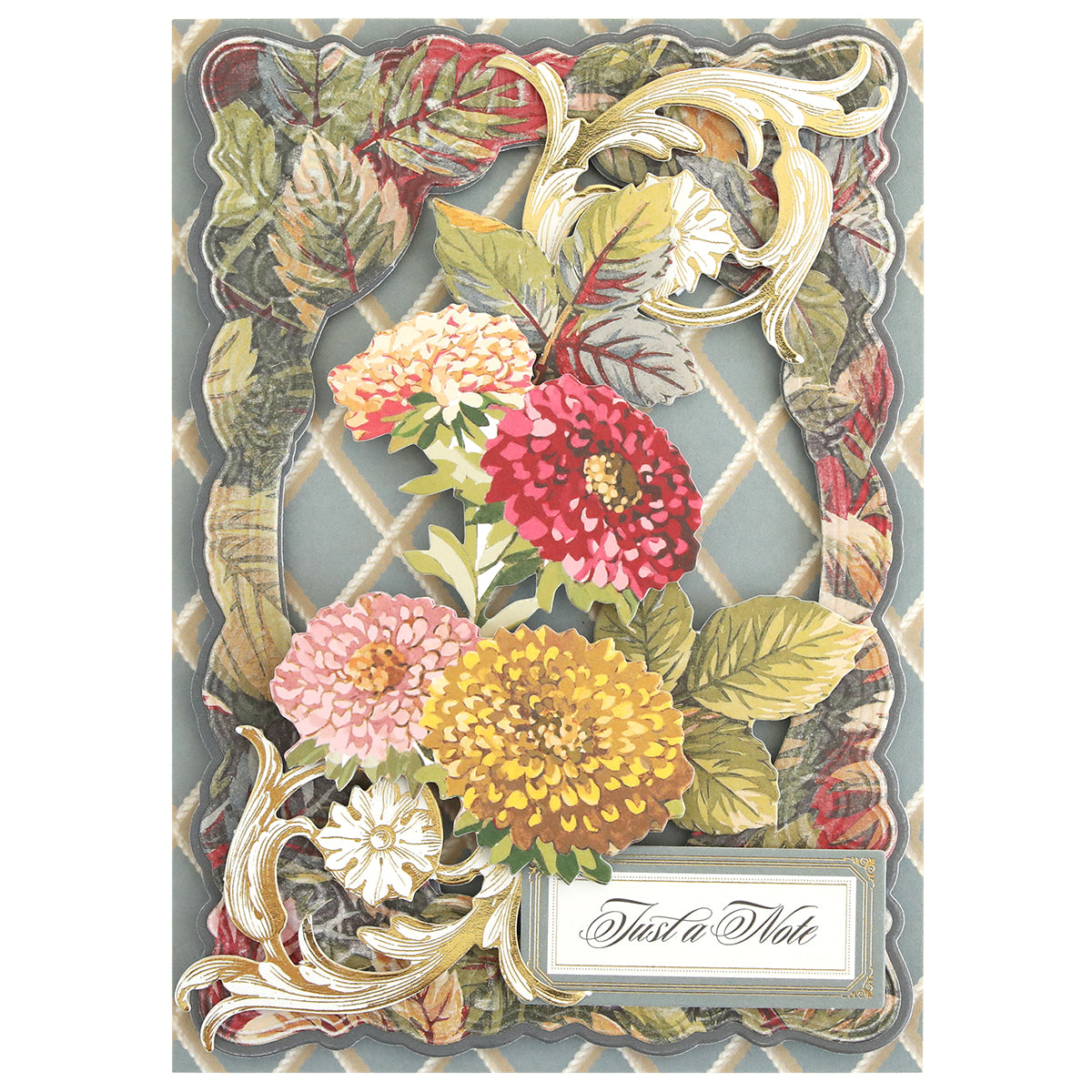 Greeting card crafted with Sienna Cardstock and Embellishments, featuring an ornate gold and floral border adorned with colorful fall-inspired flowers and leaves. Perfect for autumn-themed scrapbook projects, this design includes a label in the bottom right corner that reads “Just a Note.”.