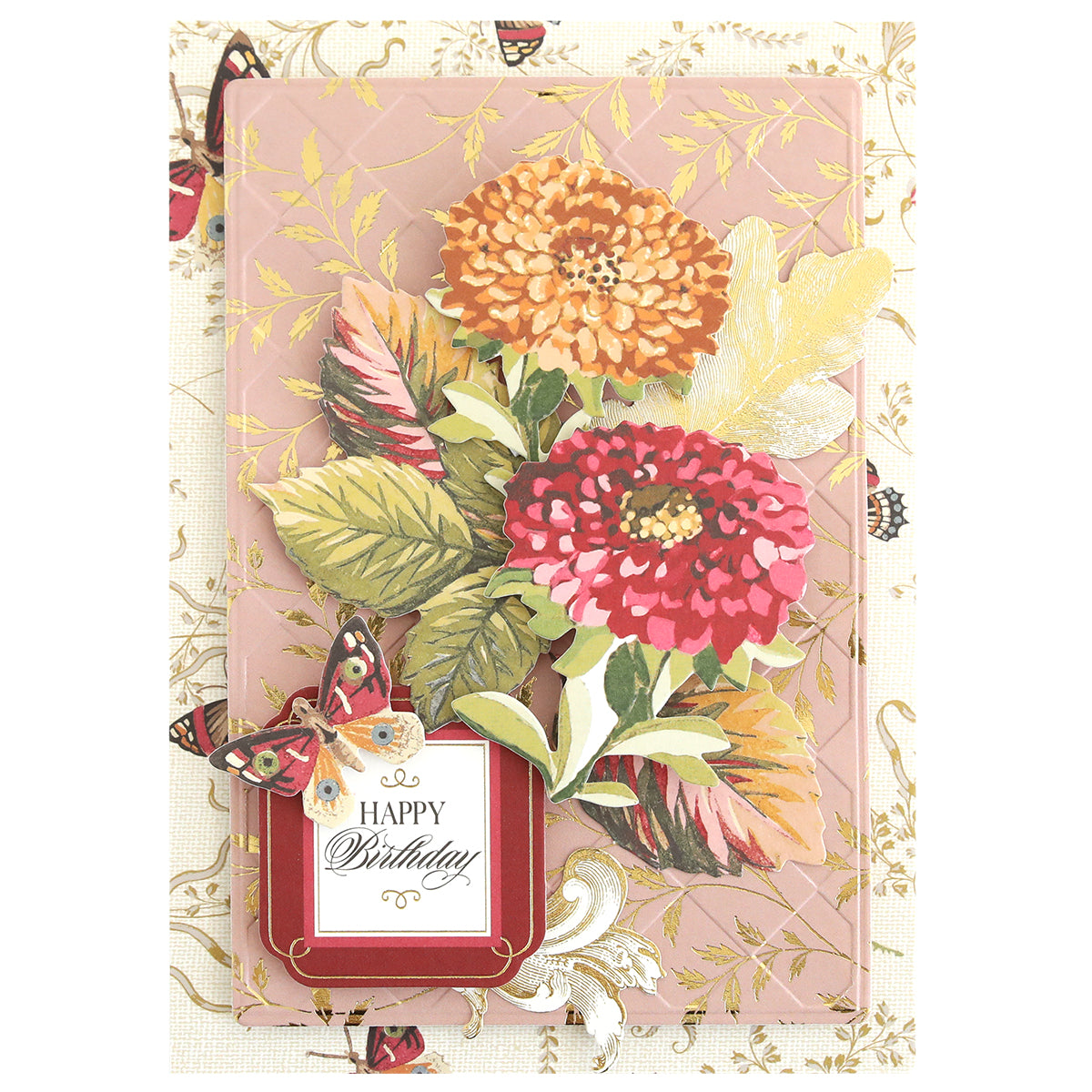 Handcrafted using Sienna Cardstock and Embellishments, this greeting card features illustrated orange and red flowers, green leaves, a butterfly, and a “Happy Birthday” tag on a gold-patterned background—making it the perfect choice for fall card making or as an elegant touch to your autumn scrapbook supplies.