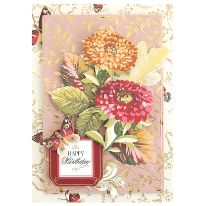 Handcrafted using Sienna Cardstock and Embellishments, this greeting card features illustrated orange and red flowers, green leaves, a butterfly, and a “Happy Birthday” tag on a gold-patterned background—making it the perfect choice for fall card making or as an elegant touch to your autumn scrapbook supplies.