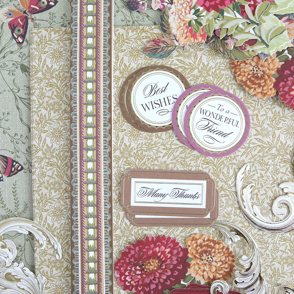 The Sienna Cardstock and Embellishments set features decorative floral cards with messages such as “Best Wishes,” “To a Wonderful Friend,” and “Many Thanks.” Adorned with ornate patterns, butterflies, and vibrant flowers, these embellishments are perfect for autumn paper crafting or as a thoughtful addition to your Thanksgiving scrapbook supplies.