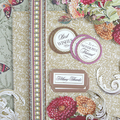The Sienna Cardstock and Embellishments set features decorative floral cards with messages such as “Best Wishes,” “To a Wonderful Friend,” and “Many Thanks.” Adorned with ornate patterns, butterflies, and vibrant flowers, these embellishments are perfect for autumn paper crafting or as a thoughtful addition to your Thanksgiving scrapbook supplies.