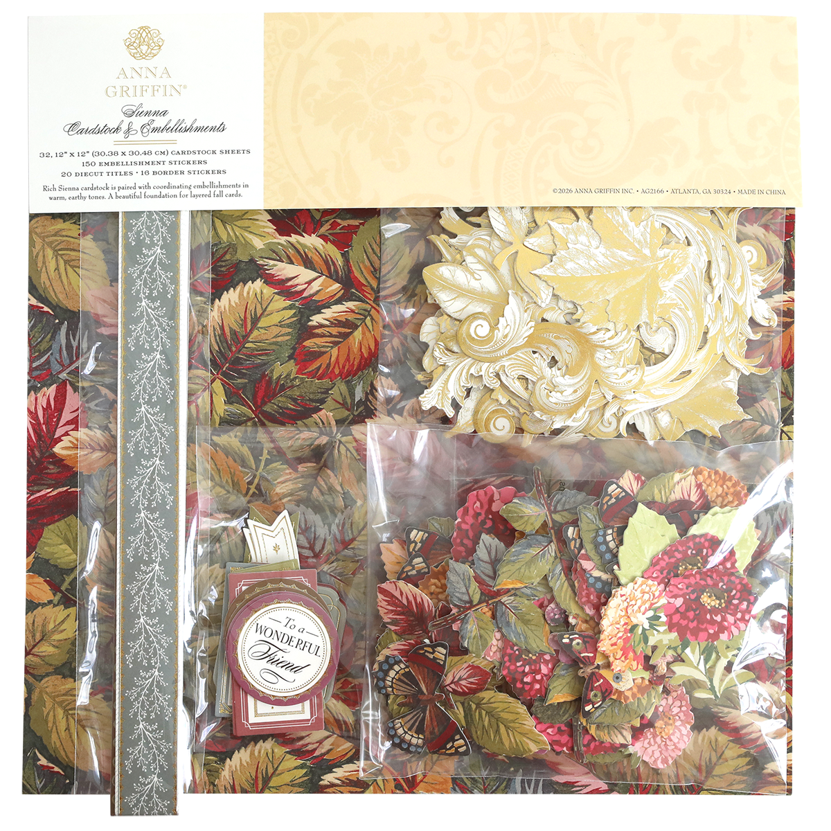 The Sienna Cardstock and Embellishments set features autumn leaf designs, decorative cardstock, and die-cut pieces in shades of red, green, gold, and cream—perfect for fall card making and Thanksgiving scrapbook supplies.