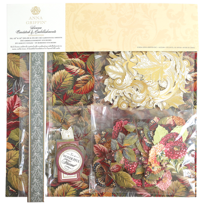 The Sienna Cardstock and Embellishments set features autumn leaf designs, decorative cardstock, and die-cut pieces in shades of red, green, gold, and cream—perfect for fall card making and Thanksgiving scrapbook supplies.