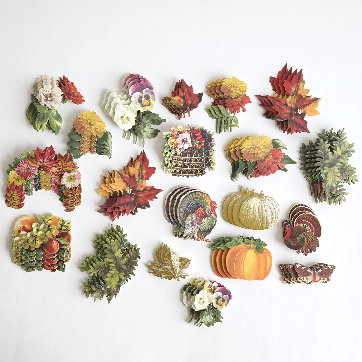 Fall Ephemera Embellishments, featuring an assortment of autumn-themed paper cutouts such as flowers, leaves, pinecones, pumpkins, turkeys, and fruit—perfect for Thanksgiving cards and seasonal paper crafting—are beautifully arranged on a plain white background.