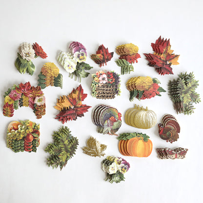Fall Ephemera Embellishments, featuring an assortment of autumn-themed paper cutouts such as flowers, leaves, pinecones, pumpkins, turkeys, and fruit—perfect for Thanksgiving cards and seasonal paper crafting—are beautifully arranged on a plain white background.