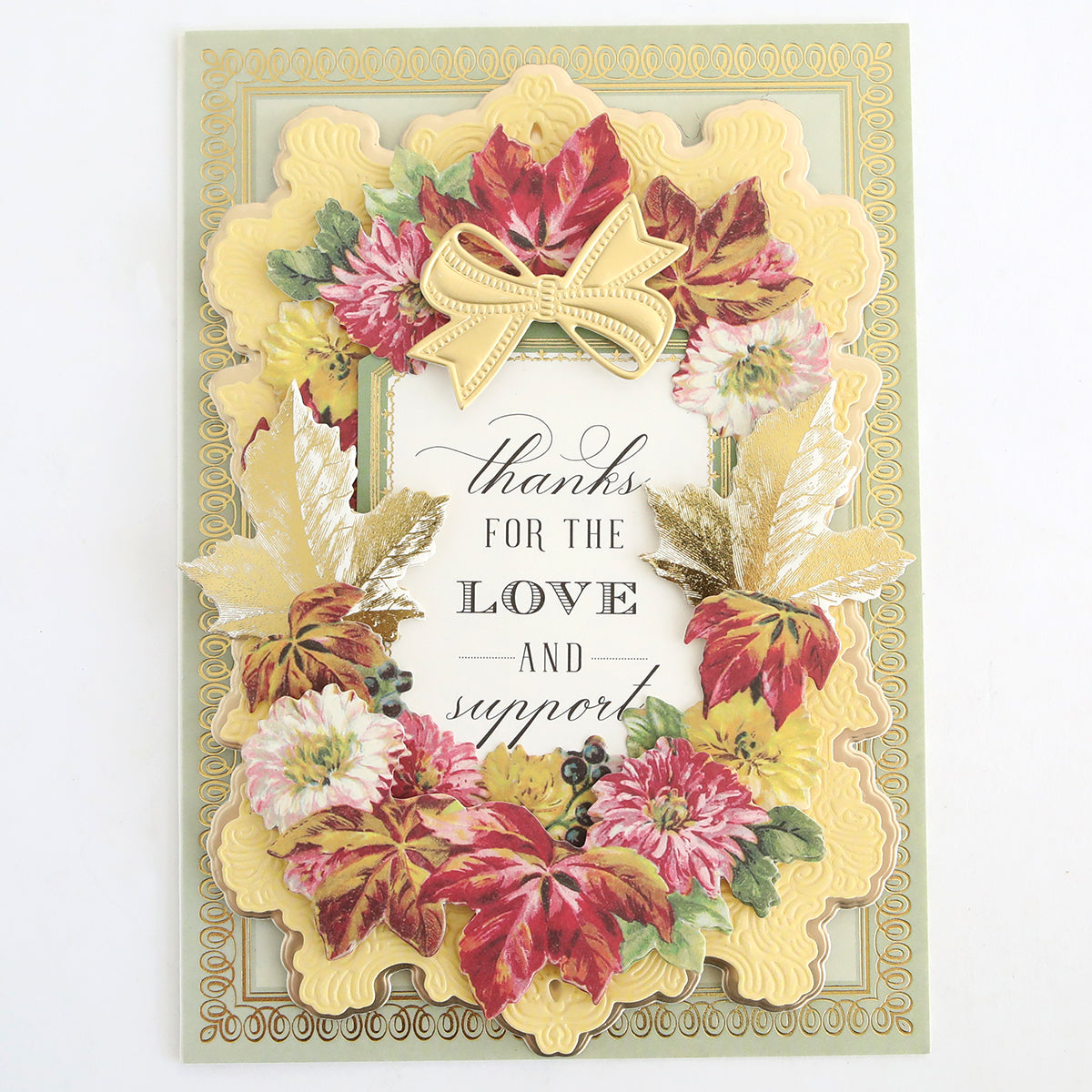 Adorn your Thanksgiving cards or seasonal paper crafts with Fall Ephemera Embellishments—an elegant set featuring an ornate floral and leaf border, gold accents, and the heartfelt message “Thanks for the love and support” centered on the card. These embellishments add a touch of autumn beauty to your creative projects.